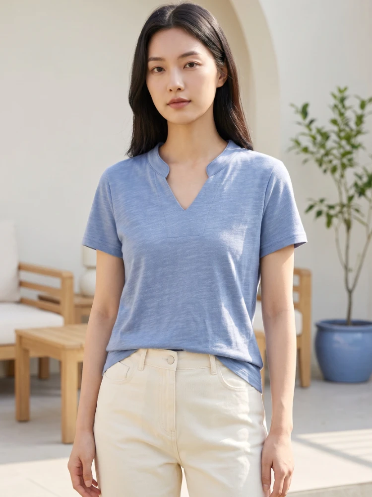 Female Basic Fashion Classic S-3XL Ladies Tee 2026 Summer Bamboo Cotton Women T-Shirt Cotton V-Neck Soft Tshirts