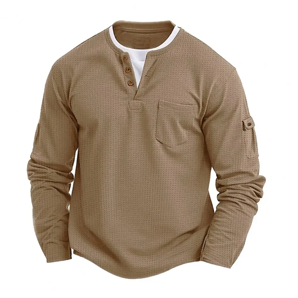 Airsoft Men Fake Layered Shirt Long Sleeve Fake Two-Piece Waffle Shirt with Pockets Casual Loose Fit Textured Pullover for Sport