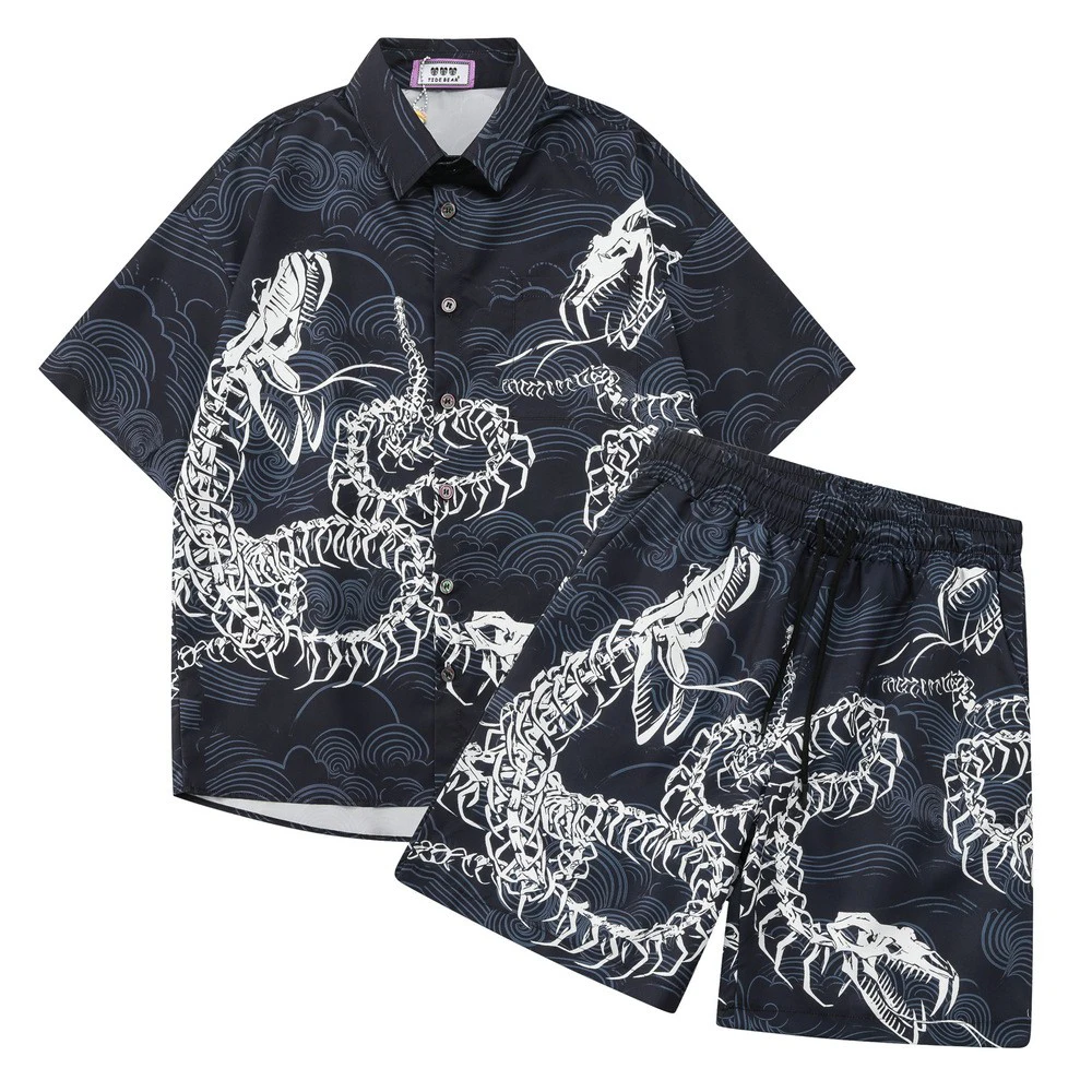 Mens Casual Snake Bone Print Two-Piece Sets Spring Streetwear Short-Sleeved Shirt Shorts Sets Old Money Men'S Clothing 2025 New