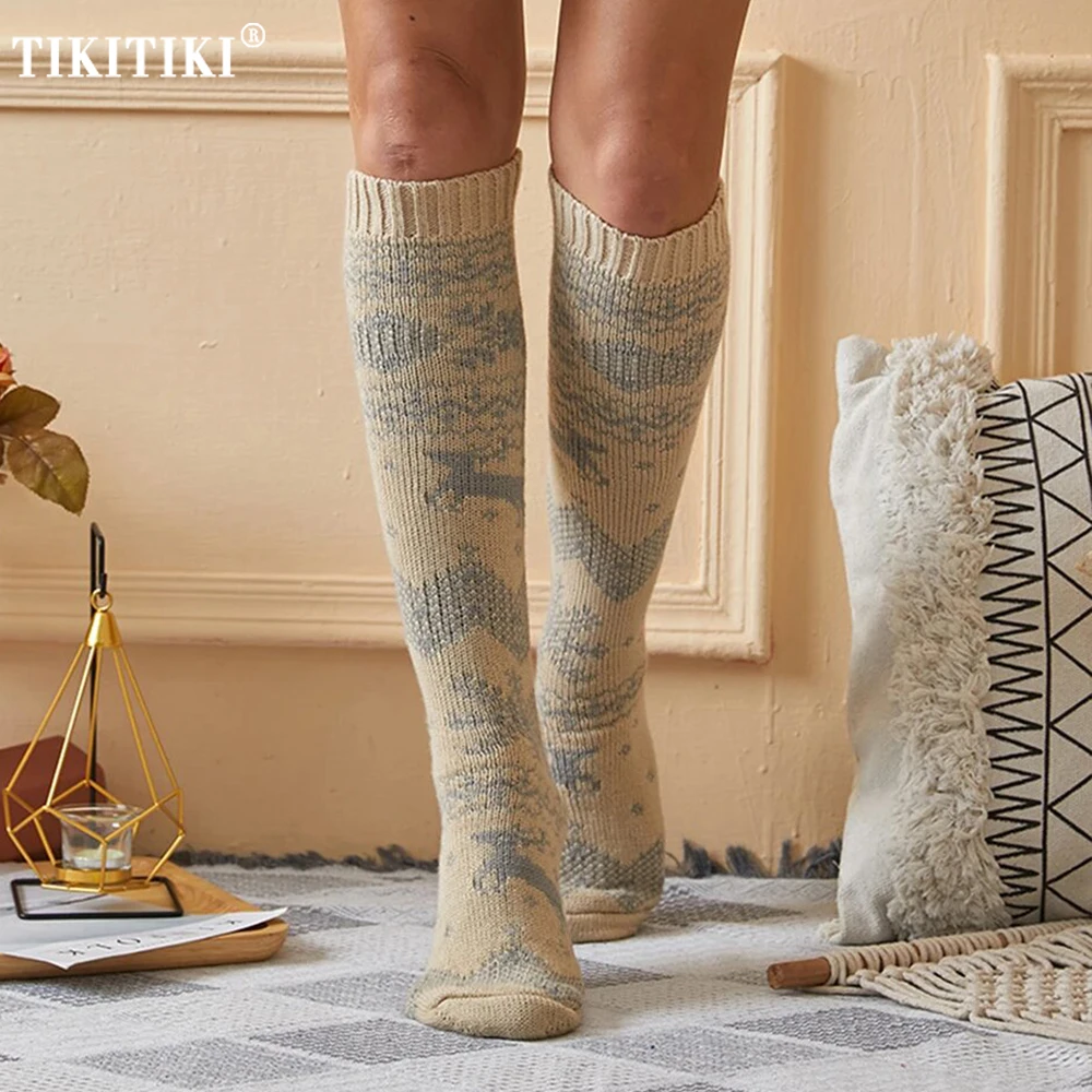 

Рождественские вязаные гольфы выше колена для женщин, длинные теплые носки-гетры, зимние термоноски из шерсти для Рождества