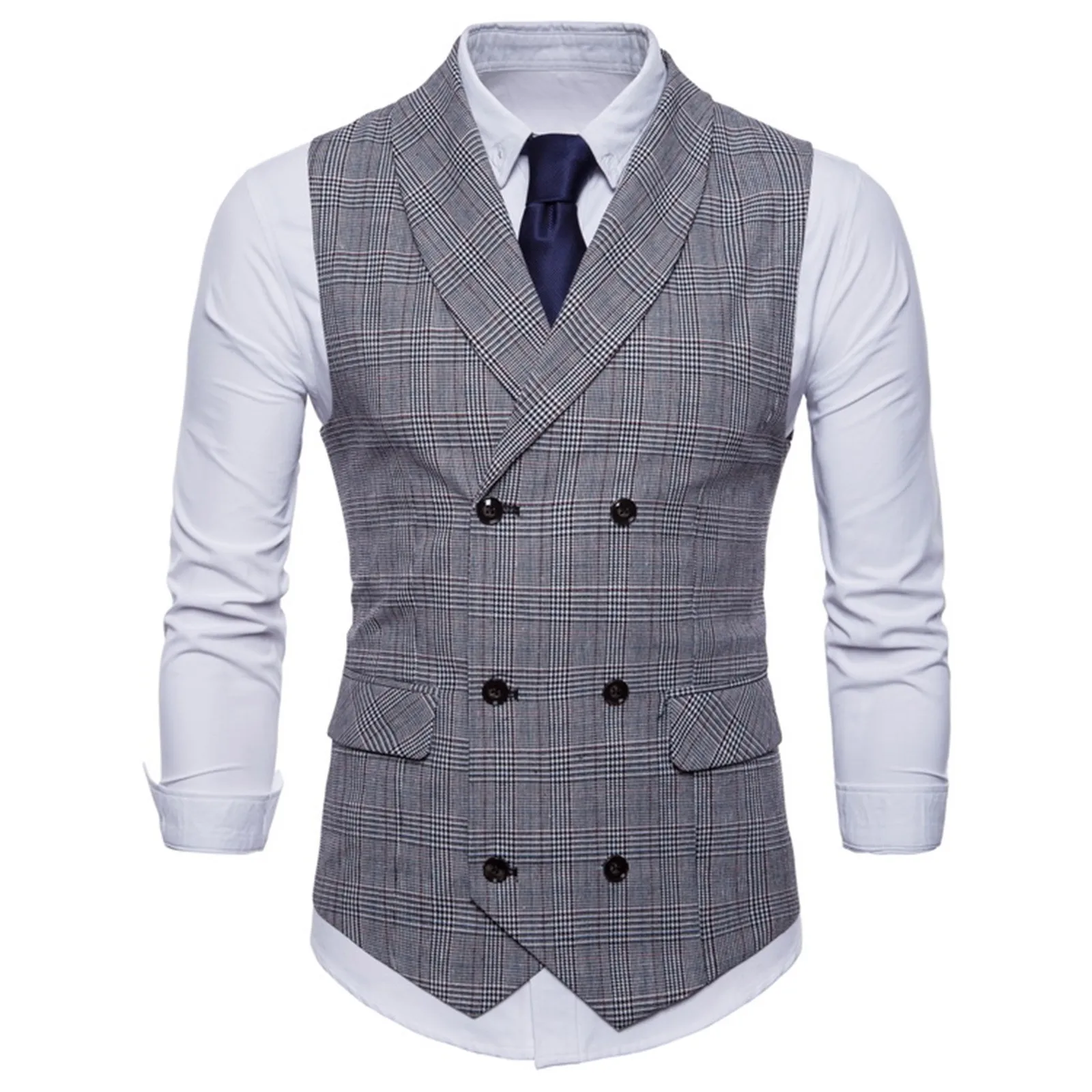 Men Business Suit Vest Sleeveless Double Breasted British Style Plaid Waistcoat Slim Fit Men Suit Formal Blazers Waistcoat