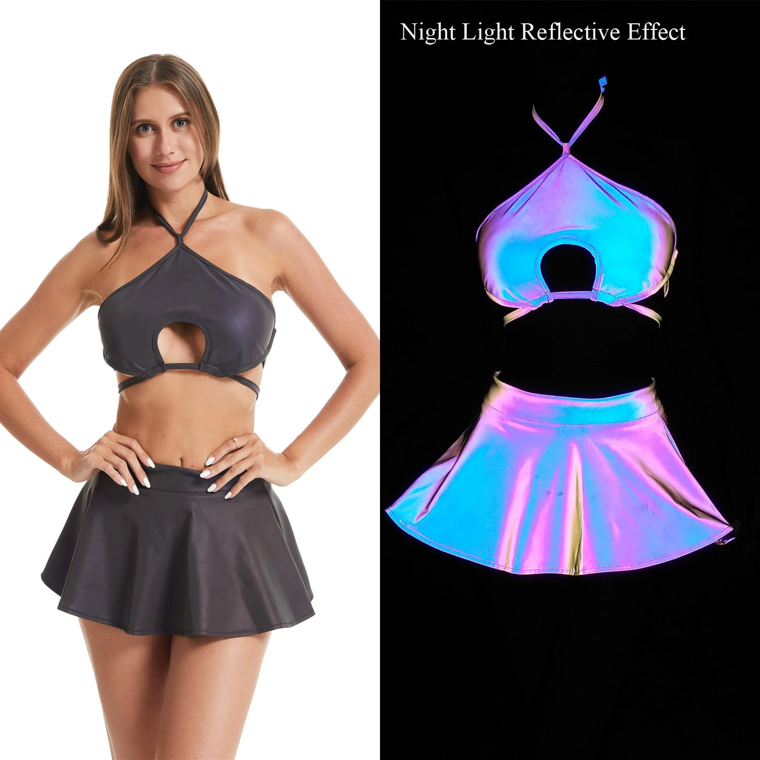 

Cyber Punk Colorful Reflective Night Jogging Set Women Sexy Tops Bra Shorts Reflect Cosplay Party Perfermence Nightclub Costume