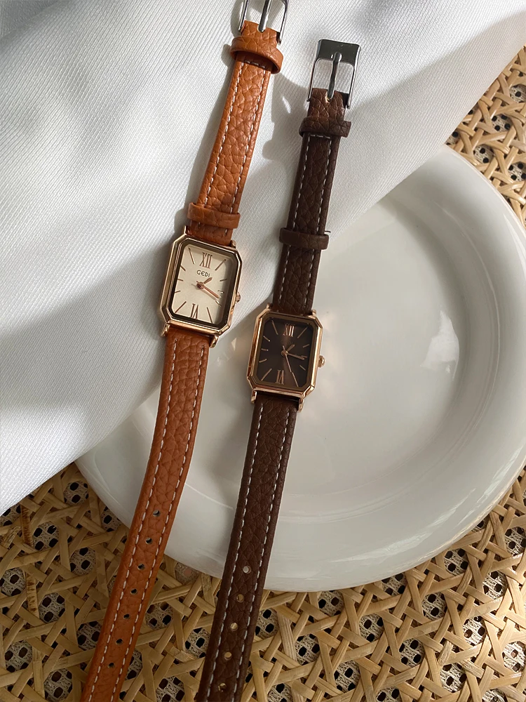 Small Waterproof Rectangle Women Watches Fashion Vintage Coffee Female Wristwatch Leather Strap Casual Quartz Ladies Clock