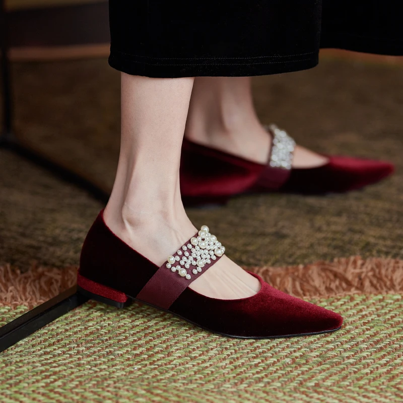 Flat Shoes Woman French Style Women Flats Elegant Ladies Pearls Shoes Spring Autumn Low Heel Vintage Velvet Footwear