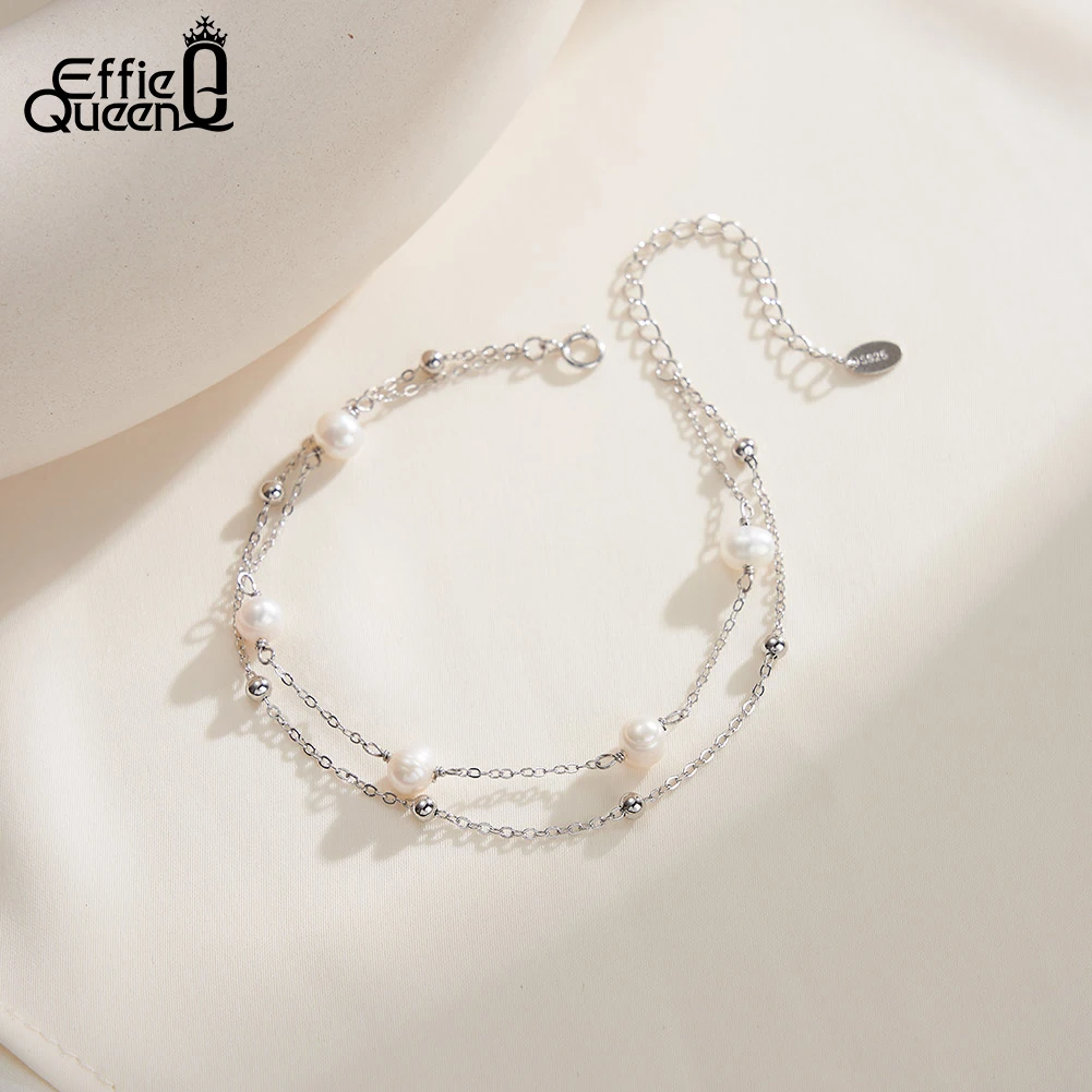 

EFFIE QUEEN Exquisite 925 Sterling Silver Double Layered Chain Bracelet for Women Natural Pearl Bracelet Summer Jewelry GPB32