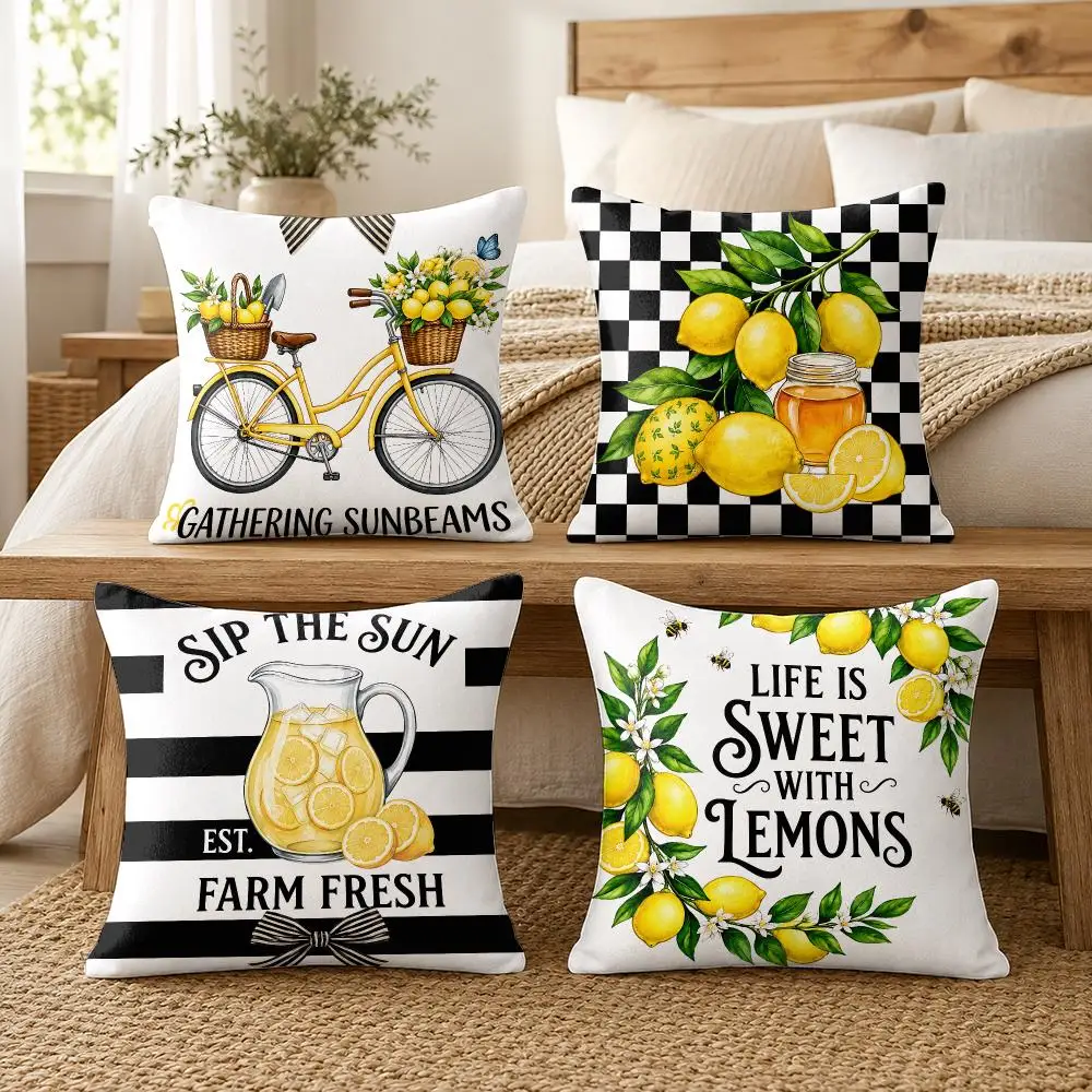 Vintage Bike Lemon Cushion Cover Silky Short Plush Invisible Zipper Dustproof Sofa Pillow Case For Home Decor