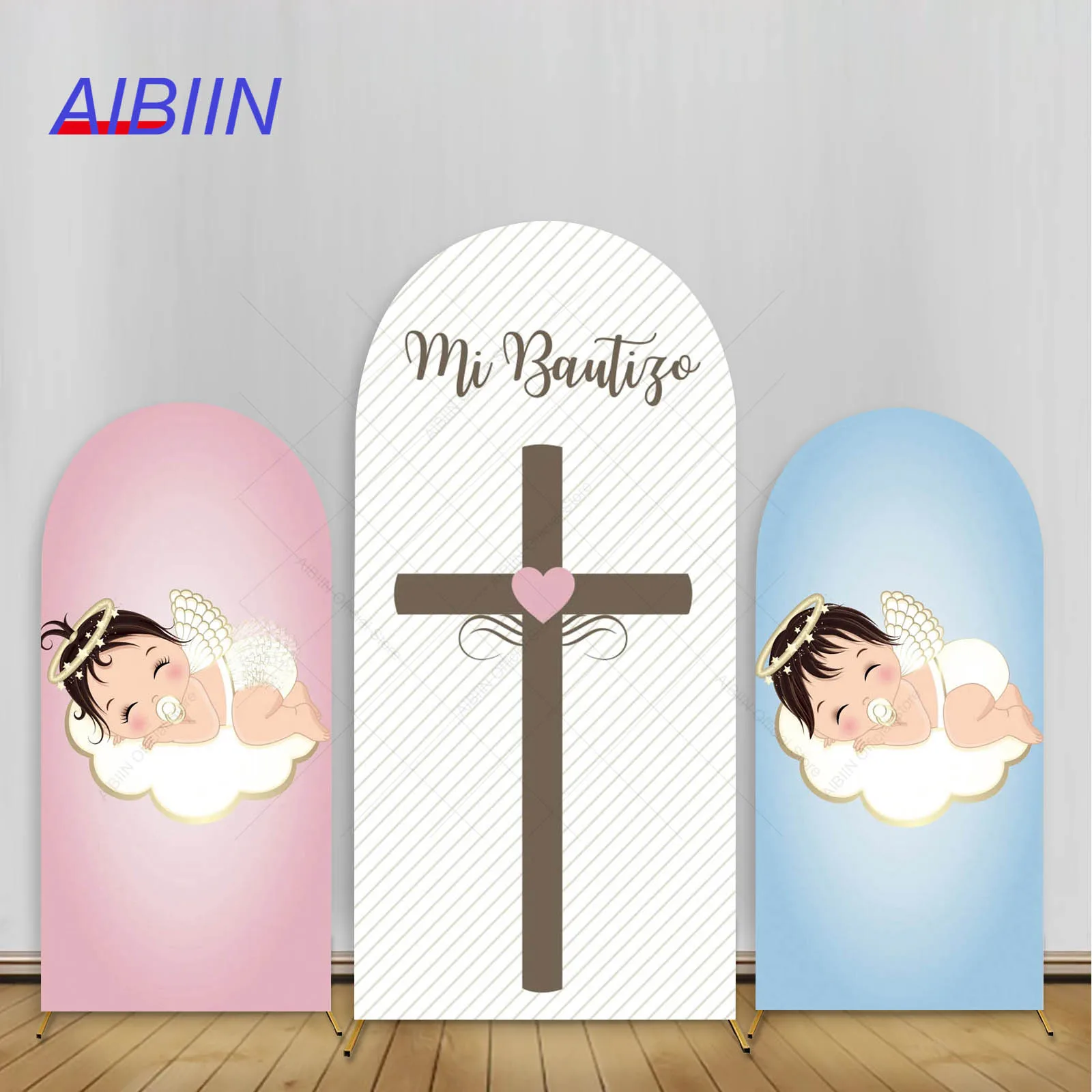 

Boys or Girls Baptism Arch Backdrop Cover Blue or Pink Angel Wood Cross First Holy Communion Party Decor Christening Background