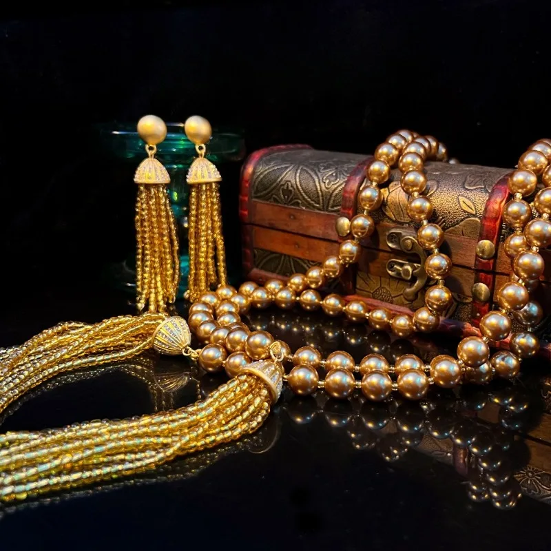 

Vintage Bead Jewelry Set for Women Champagne Pearl Tassel Necklace Dangle Earrings Set Luxury Elegant Wedding Party Accessories