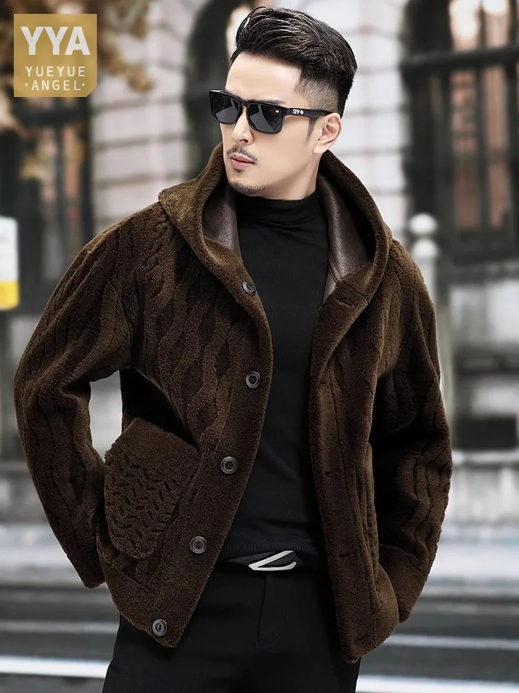 Business Men Work Reversible Real Sheep Fur Jacket Faux Leather Wool Coat Loose Fit Single Breasted Overcoat Casual Hooded Coats