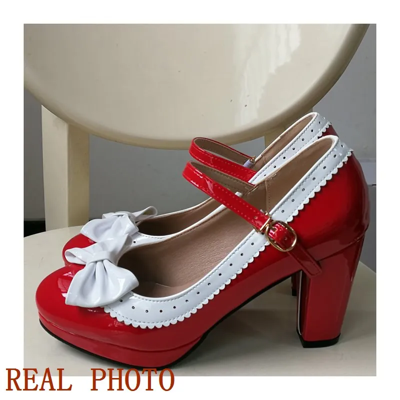 Girseaby Women\'s Cute Lolita Cosplay Shoes platform thick high Heel Mary Janes Pumps bows knot buckle high heels Size 32-44