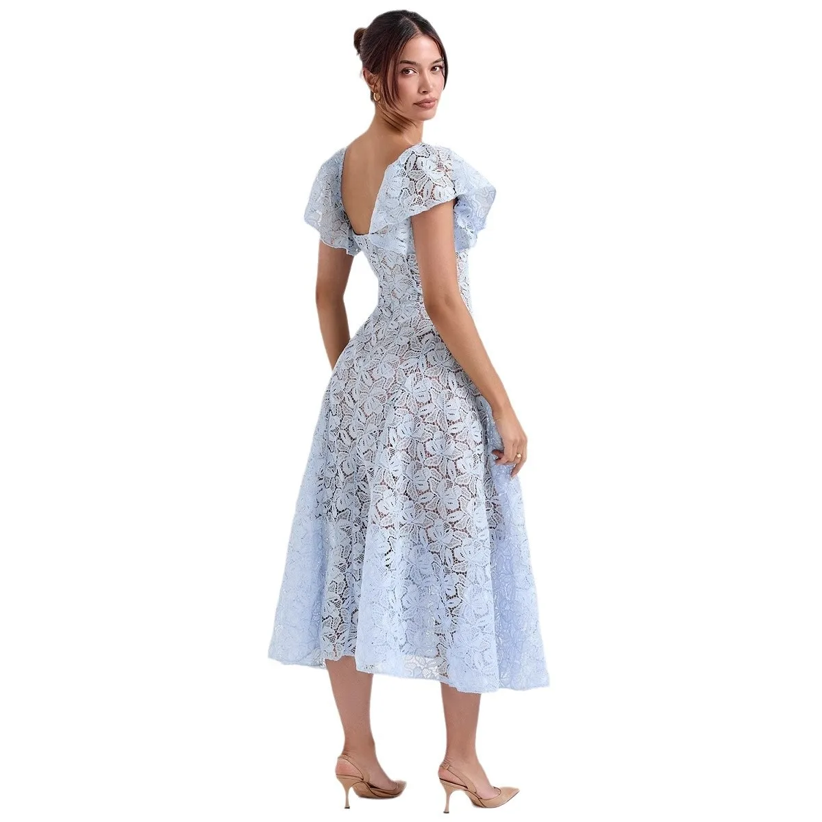 فساتين نسائية صيفية طويلة دانتيل عتيق عالي الخصر مثير بأكمام قصيرة فستان نسائي عالي الجودة فساتين حفلات Elbise Kadın #5