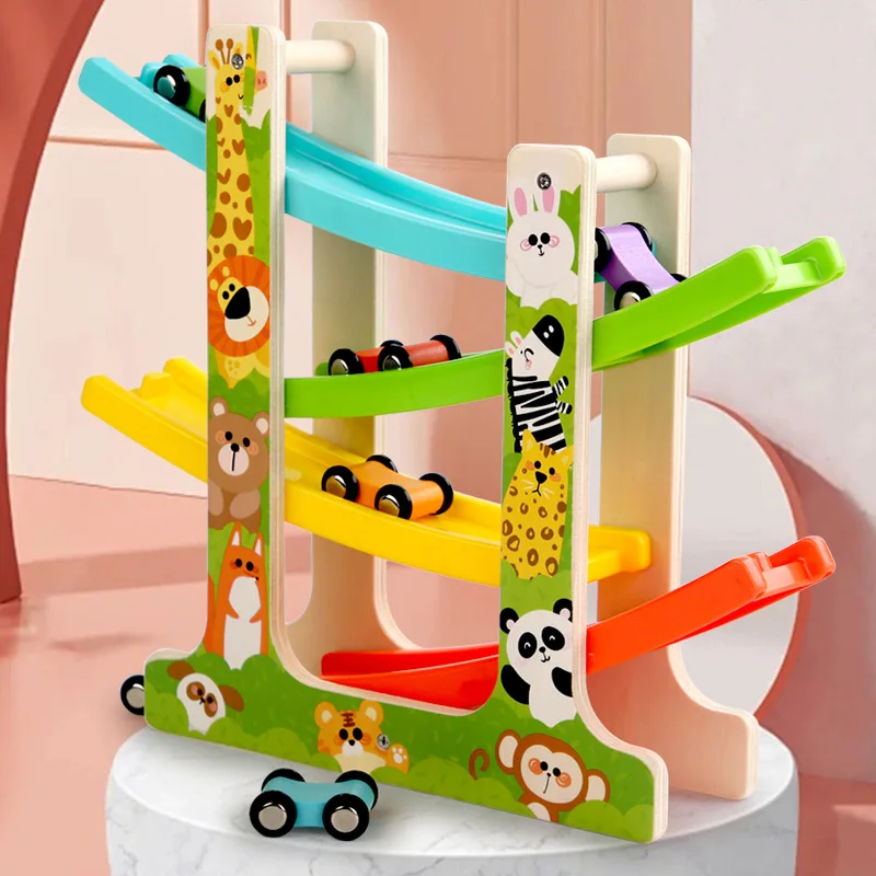 Railcar Track Slide Car Glider Sliding Racing Toy with Mini Racer Cars Wooden Toys Brain Game Kids Montessori Educational Gifts