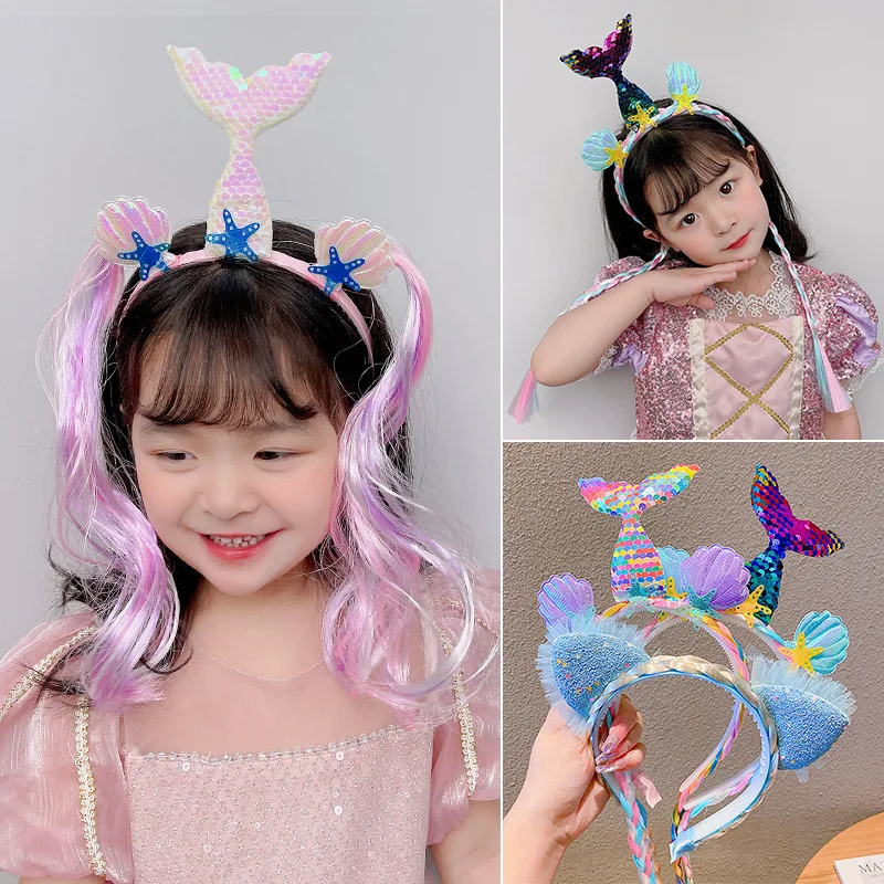 Children mermaid hairband baby unicorn wig braid headband girl cartoon baby margarine hairband girl birthday gift