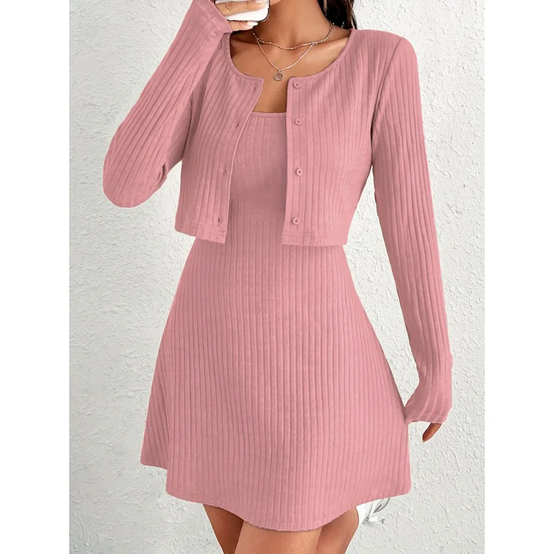 2024Autumn New Two-Piece Suit High-Grade Pink Knitted Cardigan Women's Casual Suit