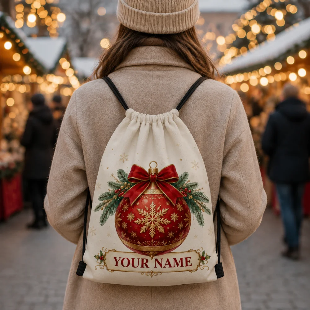 Custom Name Christmas Bauble Drawstring Backpack, Polyester X‑mas Holiday Sack Bag, Festive Gift Storage Shoulder Bag
