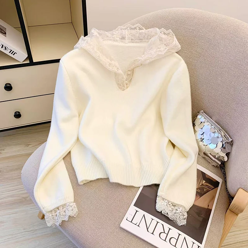 Renda com capuz camisola de malha feminina manga longa chique pérola botão pullovers preppy doce casual estudante retalhos malhas jumpers