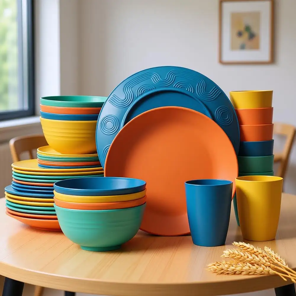 

Набор посуды из 40 предметов премиум-класса из пшеничного волокна, на 8 персон, небьющиеся тарелки и миски, можно мыть в посудомоечной машине и использовать в микроволновой печи