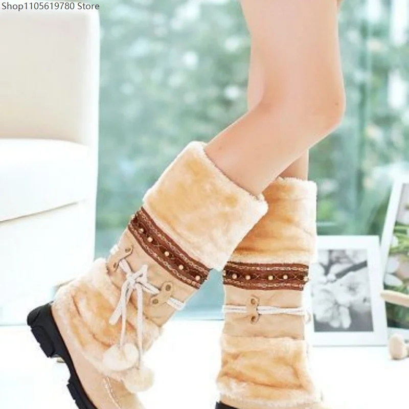 2026 Winter Warm Matte Pom Pom Lace Up Furry Mid Calf Snow Boots Plus Size Footwear Suitable For Cosplay Theme Party Outfit 3