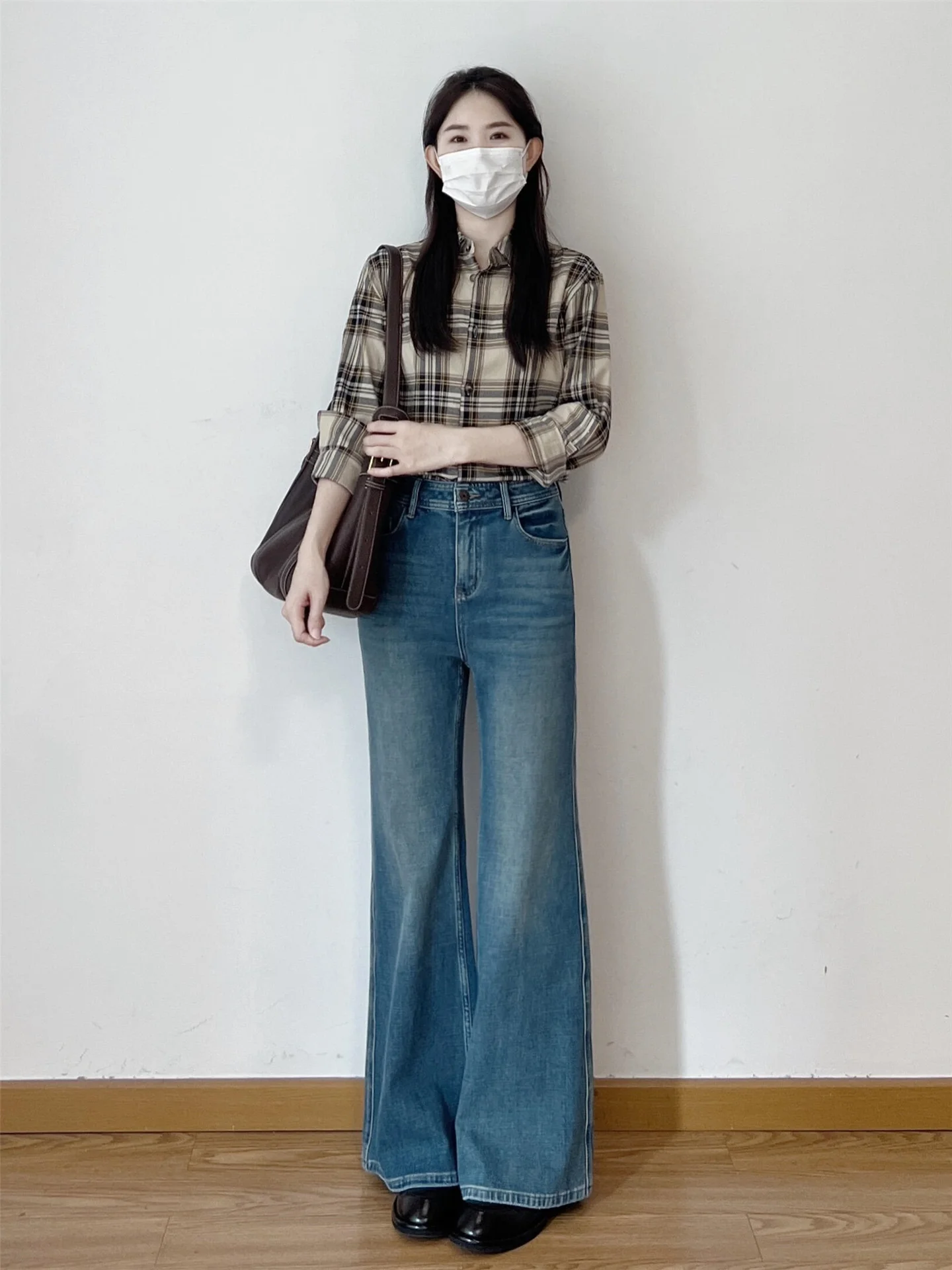 

Retro High Waist Loose Fit Bell Bottom Jeans Women's Spring Autumn Blue Cotton Casual Comfortable Wide Leg Pants