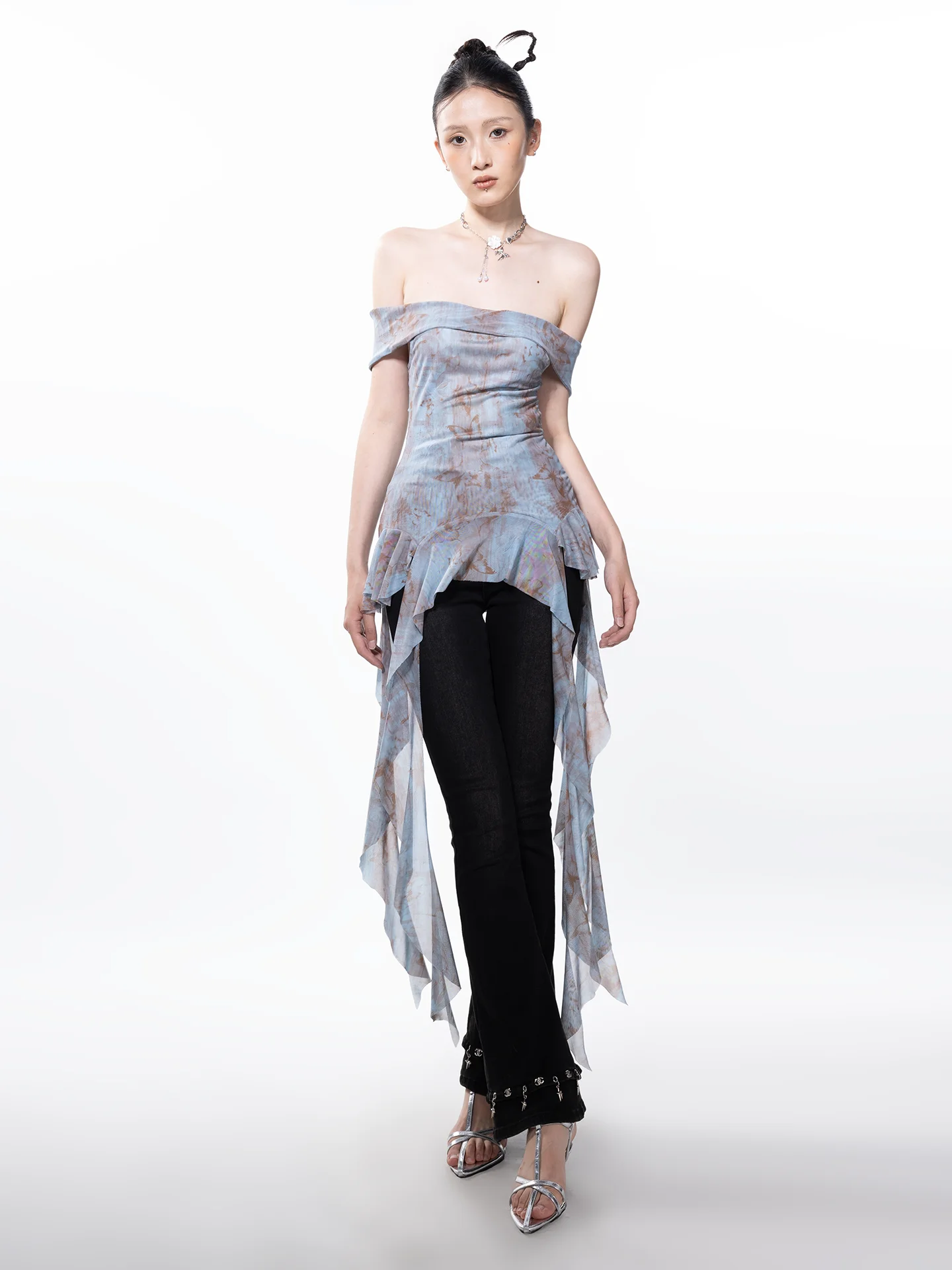 

Ретро-топ на одно плечо с рюшами и асимметричным подолом, облегающий, синий, летний, для женщин