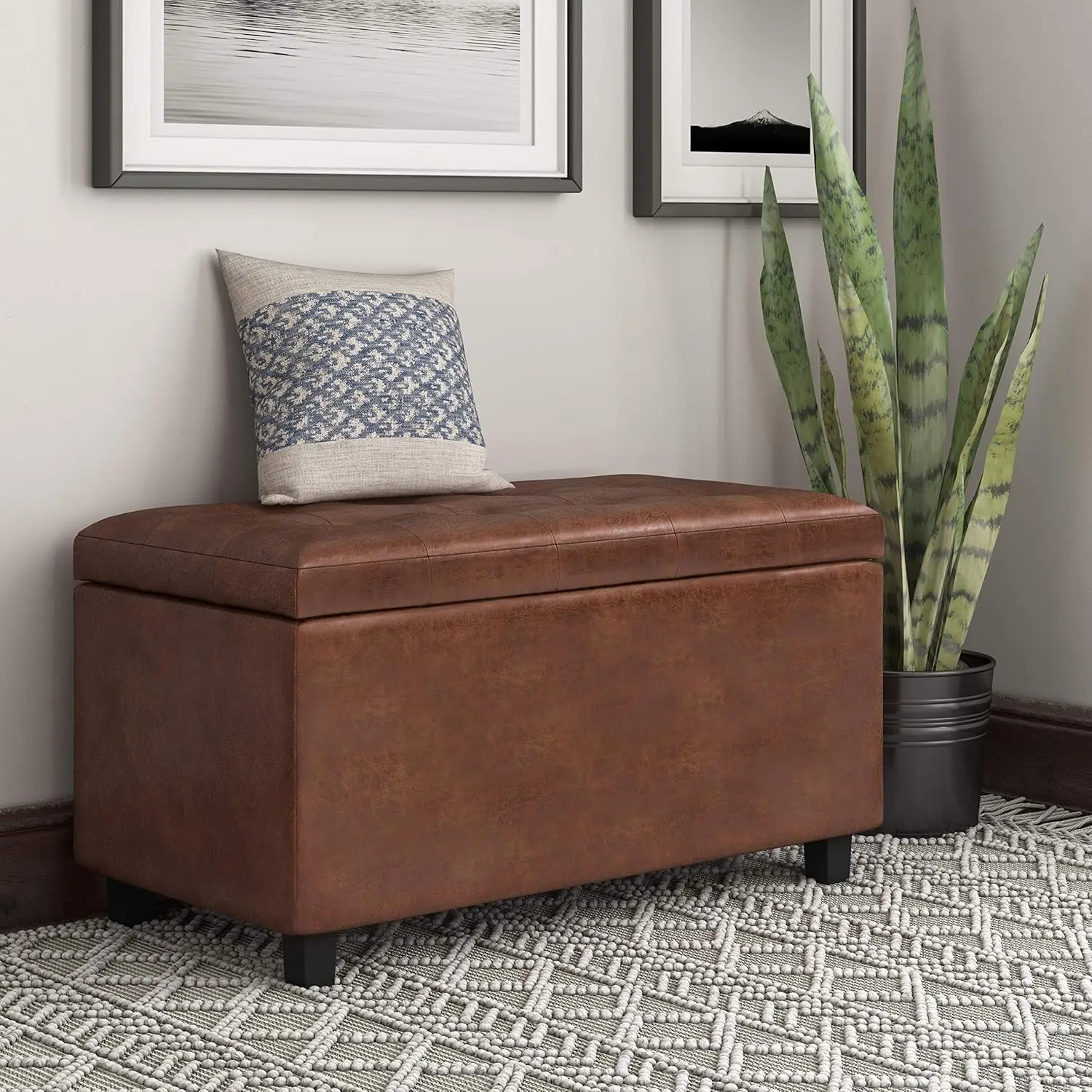 Wide Rectangle Lift Top Storage Ottoman in Upholstered Distressed Saddle Brown Tufted Faux Leather, Footrest Stool