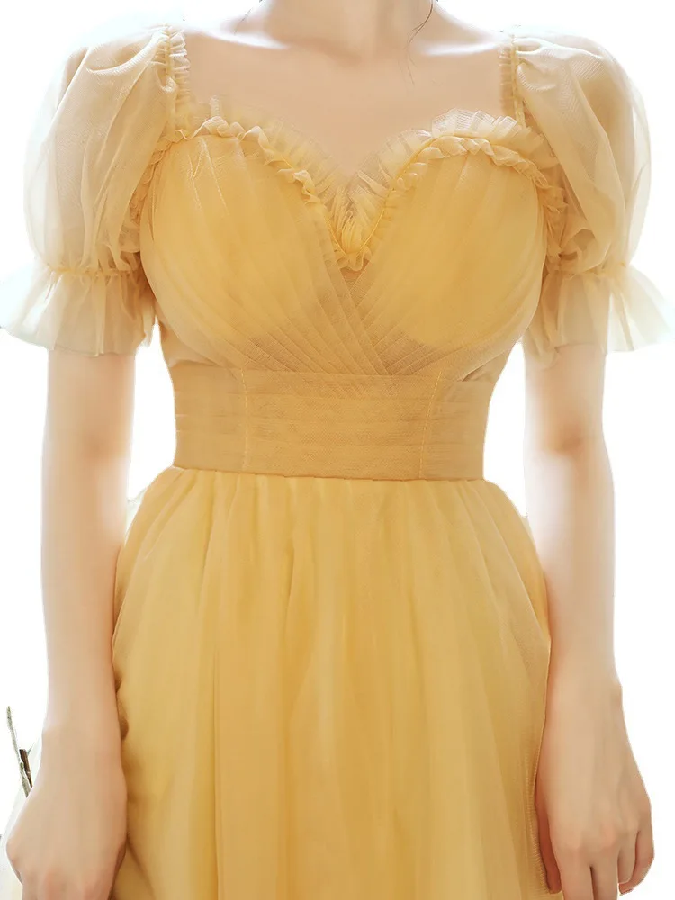 Gaun Tulle Quinceanera pendek kuning gaun Prom A-line leher V lengan pendek gaun malam Modern elegan indah