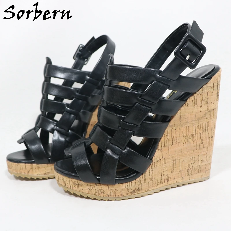 Sorbern Black Matte Wedge Sandals For Women waved Sole Multi Straps Slingback Cork Platform Summer Shoes Custom Multi Colors