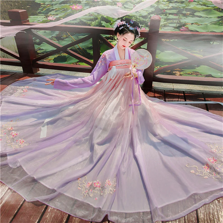 Vestido de fada hanfu vintage estilo chinês para mulheres, trajes florais elegantes de princesa bordada, cosplay de palco, doce