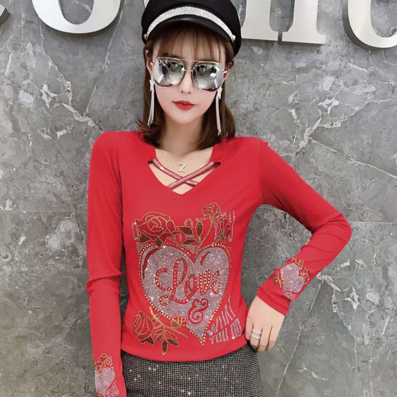 Autumn 2024 New Diamond-Encrusted Mesh Long-Sleeved Fashionable All-Match Base Shirt Women's Lace Beautiful Back T-shirt Top