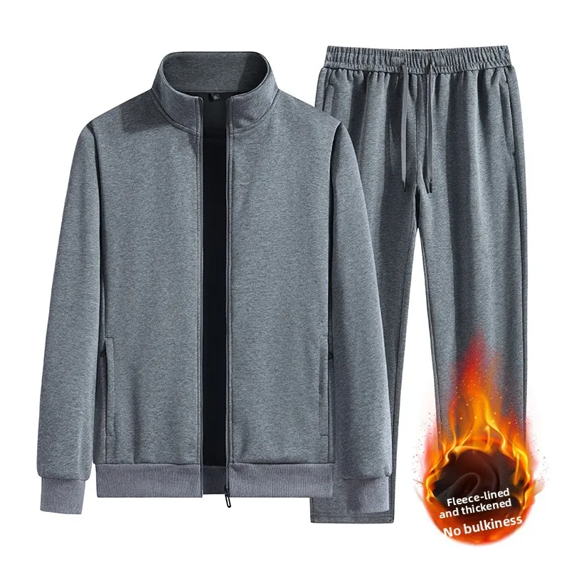 

Pure Cotton Casual Sports Large-size Men's Two-piece Set with Fleece and Thick Padding, Straight-leg Pants Set