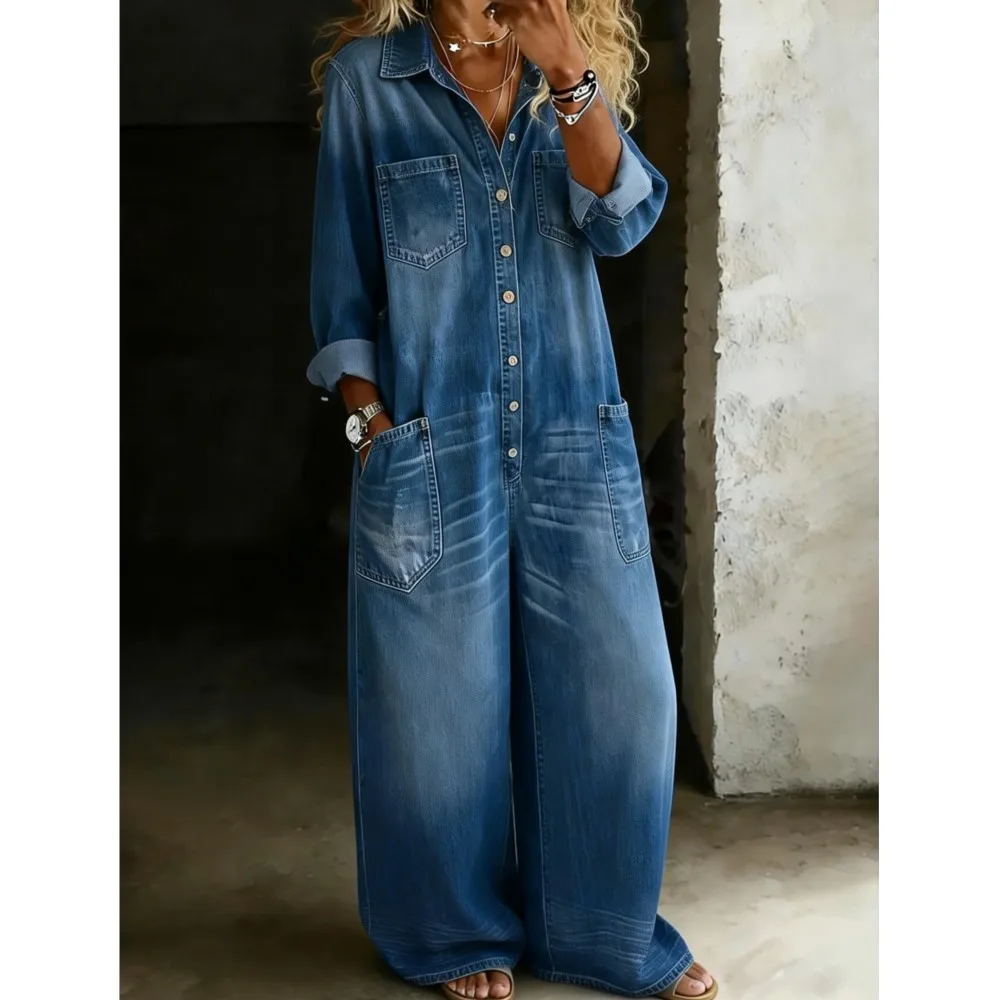 Women Denim Jumpsuit Lapel Collar Long Sleeve Button Down Loose Wide Leg Vintage Denim Rompers Pockets Casual Long Jumpsuits