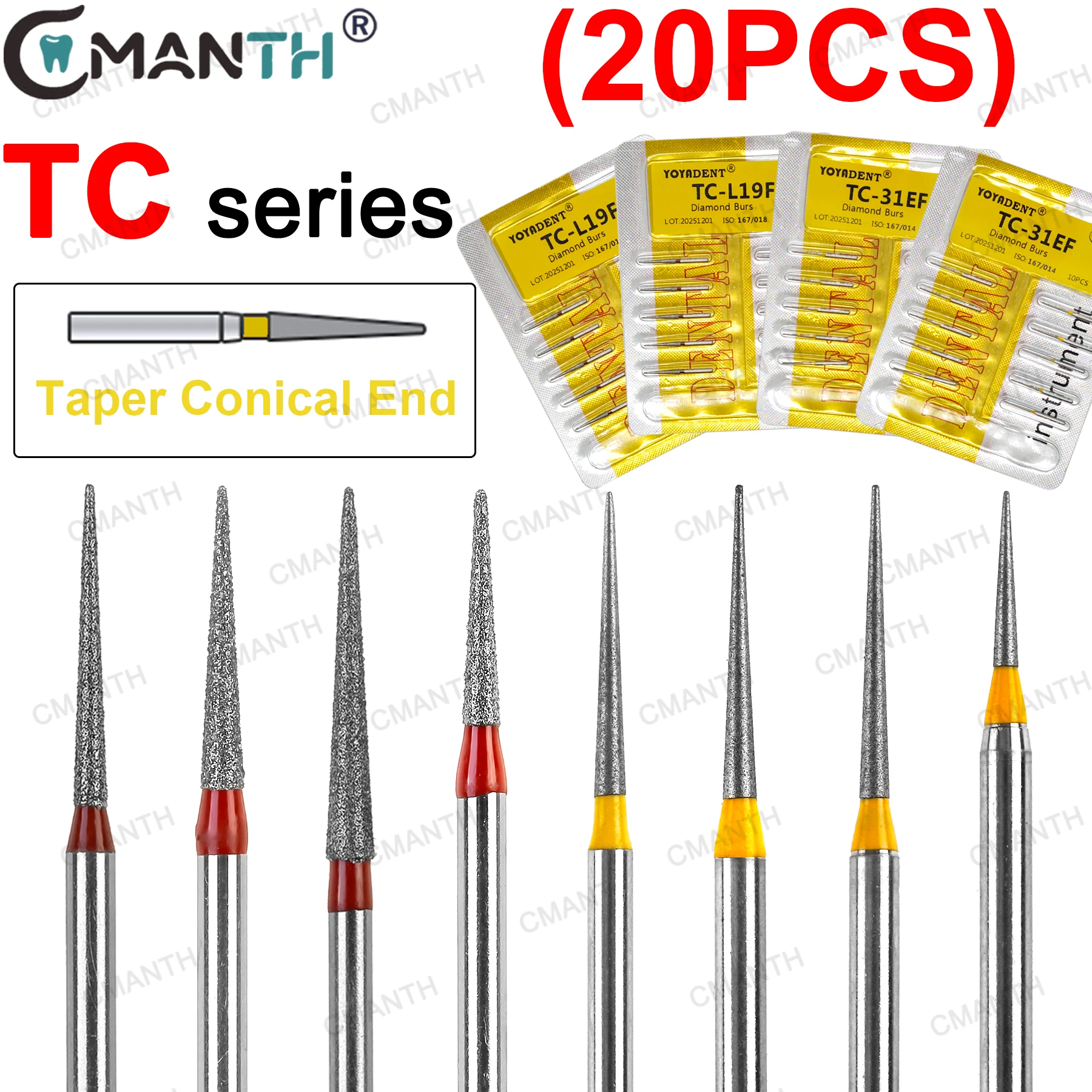 20PCS TC Type Dental Diamond Burs Dentistry Strawberries FG Drills Fine for High Speed Handpiece Dental Lab Polishing 859 858