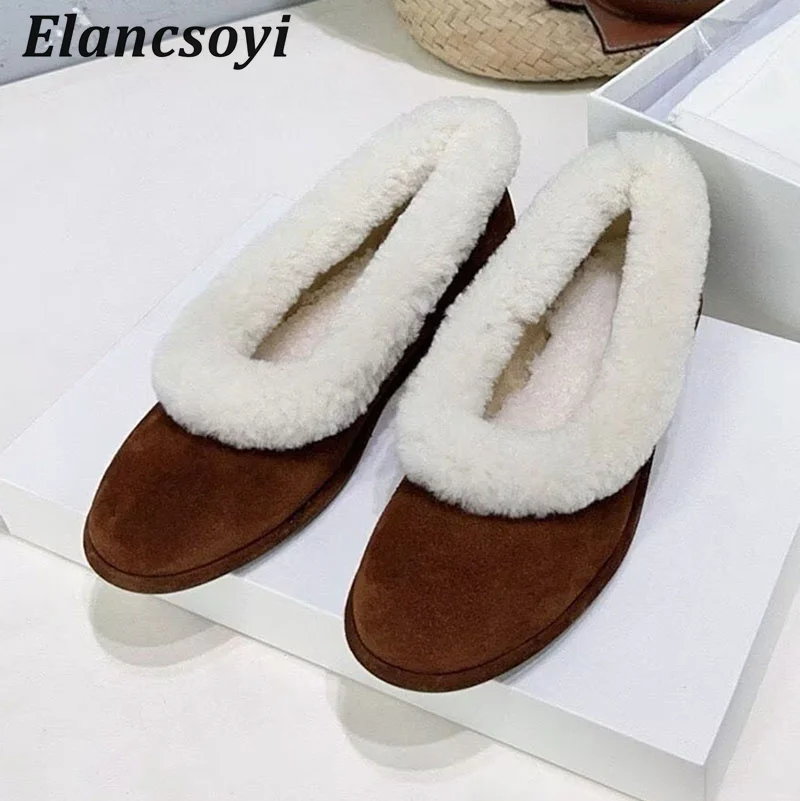 Lazy Loafers Women's Shallow Mouth Versatile Casual Shoes Round Toe Suede Flat Shoes Winter Real Wool Lining Warm Snow Boots