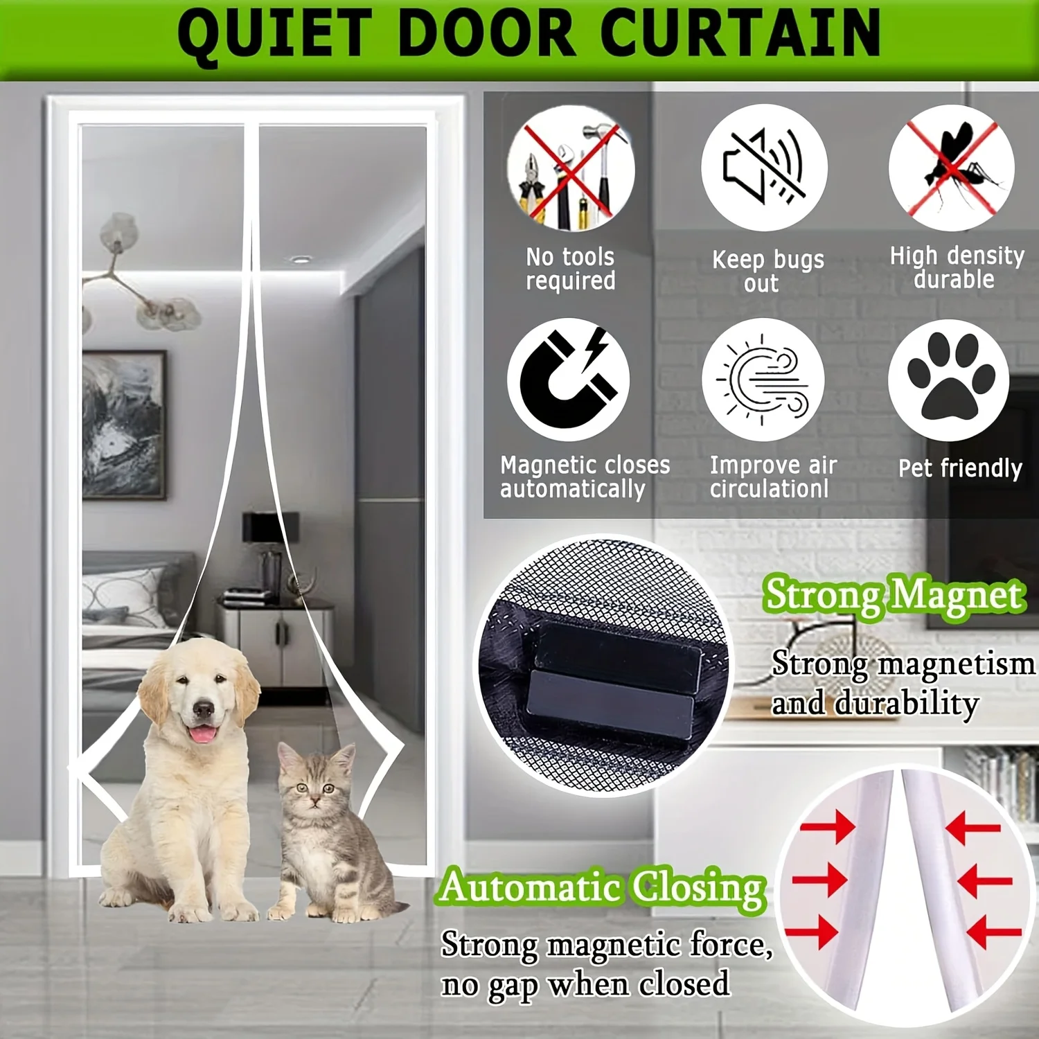 White magnetic shielding door with self sealing function, which can prevent insects and allow fresh air to enter.