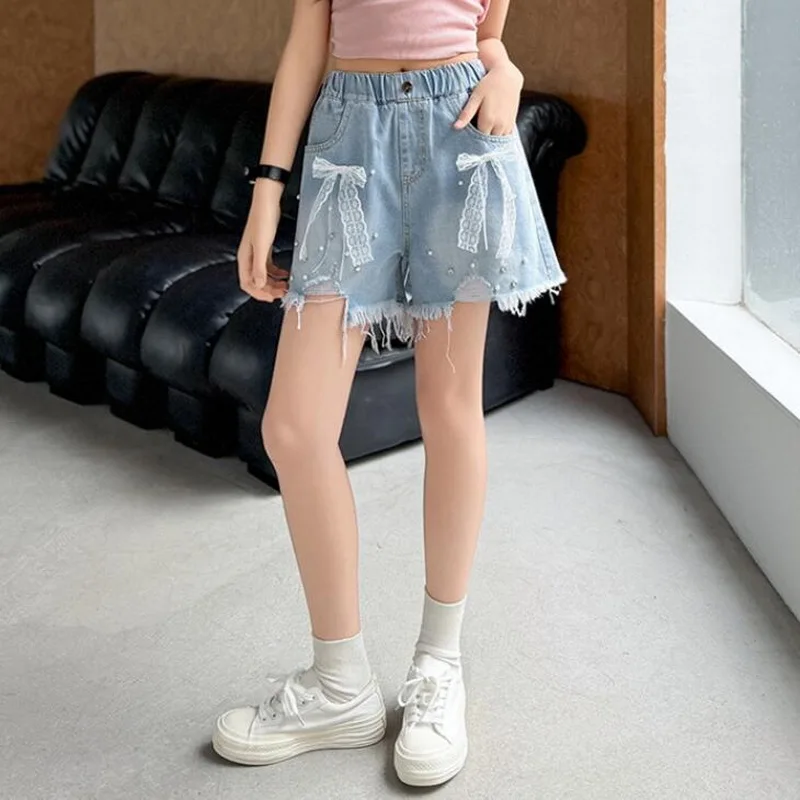 Summer Girls Lace Denim Shorts Korean Fashion Teenage Bow Ribbon Ripped Shorts Children's Clothing 5 to 6 8 10 12 14 Years