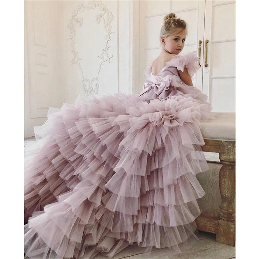 Robe de demoiselle d'honneur violette, superposée, longueur asymétrique, tulle, plumes gonflées avec nœud, mariage, fête d'anniversaire, première communion, quoi que ce soit