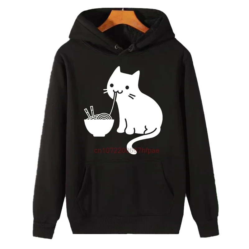 Cute Cat Eating Ramen Noodle Graphic Hoodie Black Pullover Sweatshirt Kangaroo Pocket Casual Unisex Cat Lover Gift Streetwear