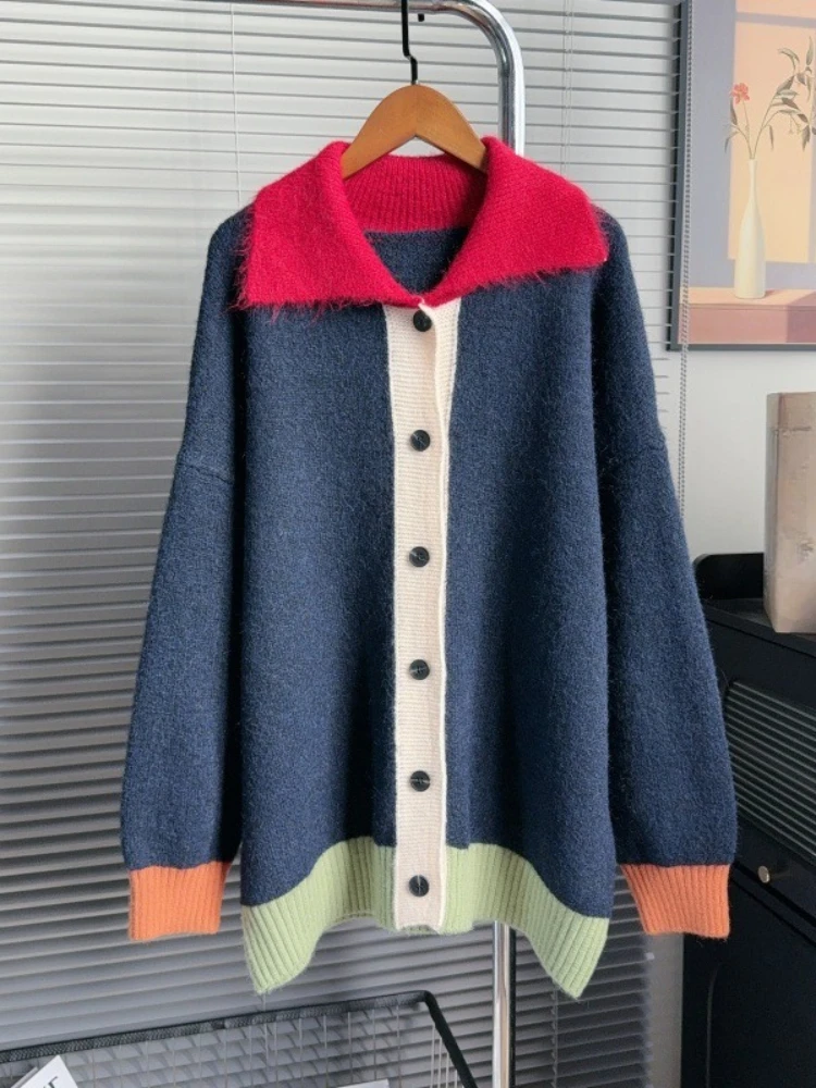 

Lazy Style Knit Tops Turn Down Collar Long Sleeve Single Breasted Contrast Color Sweaters 2025 Vintage Cardigan Women's Clothing