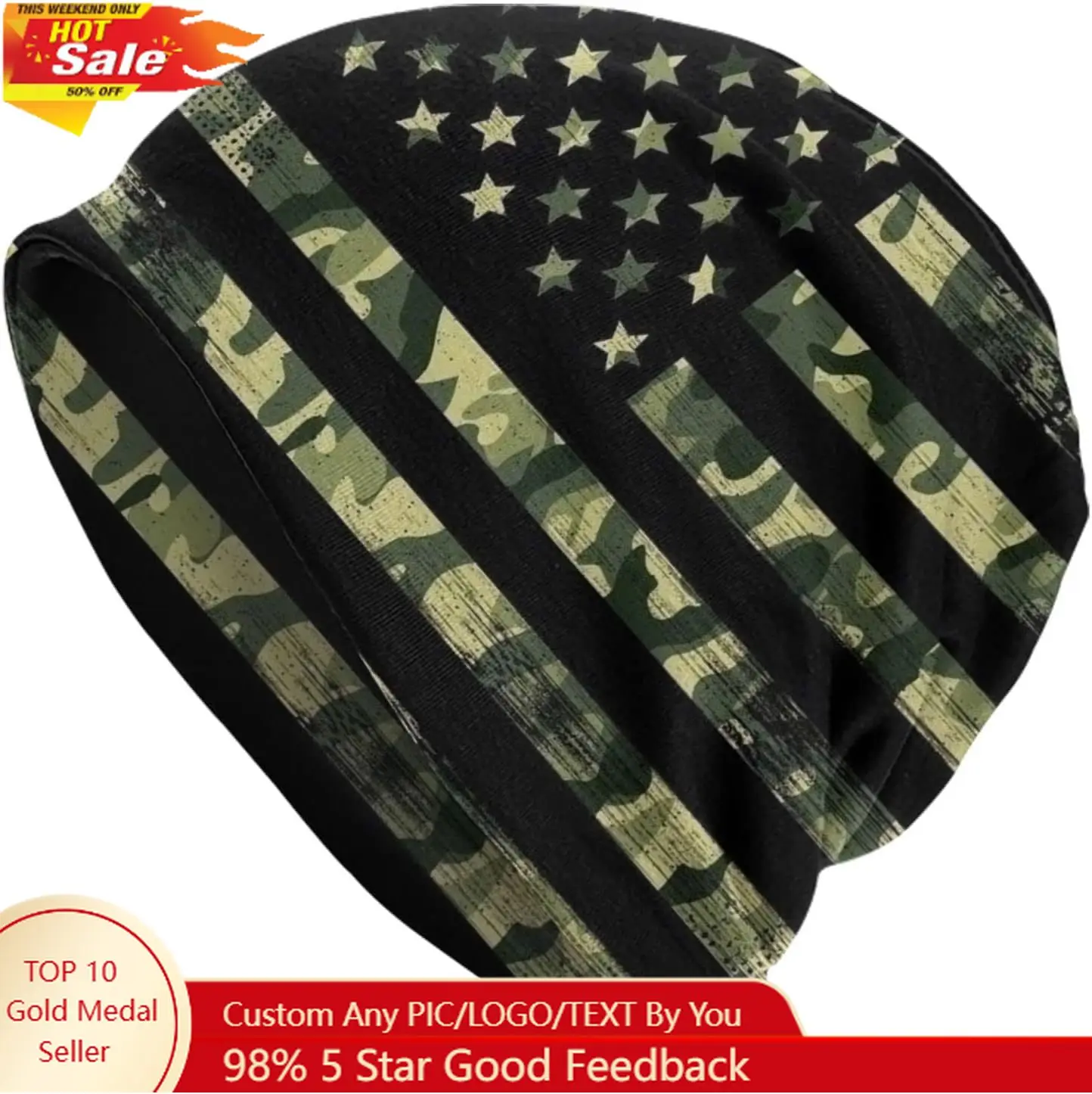 

American Flag Camo Beanie Standard Closed Chemo Hat Cancer Headwear Knitted Hats Baggy Slouchy Cap for Adults Women Men