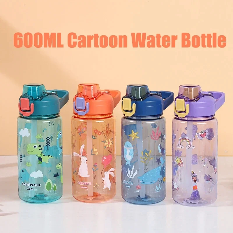Botellas de agua con pajita para niños, vaso portátil a prueba de derrames, alimentación creativa de dibujos animados con pajitas y tapas, 600Ml