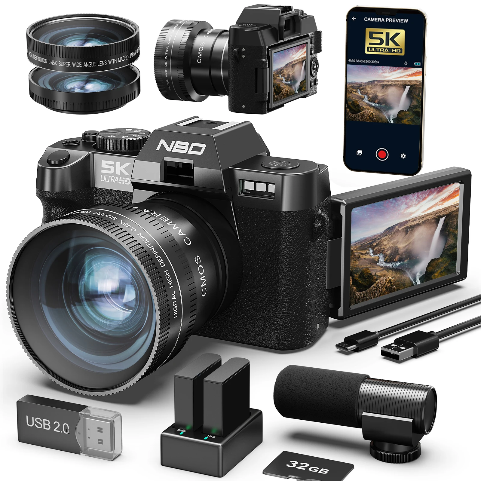 Image of NBD 48MP&4K Digitalkameras für Fotografie Reise-Vlogging-Kameras mit 16-fachem Digitalzoom 180° ° Flip Screen 52mm Makroobjektiv Mikrofon Lange Akkulaufzeit Geschenk