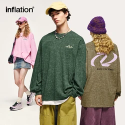 INFLATION Unisex Candy Color Oversized T-shirts 2023 Autumn Vintage Batik Long Sleeve T Shirts Men Streetwear Crack Printed Tees