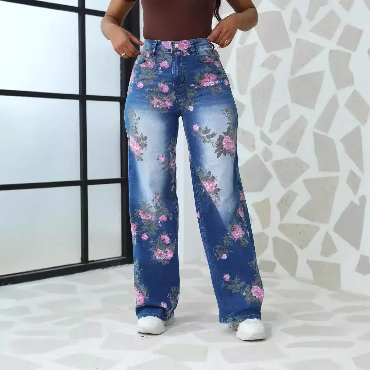 Women Jeans Wide Leg Pants Flower Print Denims High Waist Stretch Washed Distressed Pockets  Streetwear Female Trousers