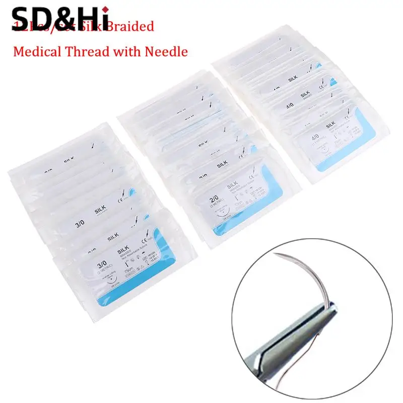 12PCS 75cm 2/0 3/0 4/0 Dental Surgical Needle Silk Medical Thread  Suture Surgical Practice Kit