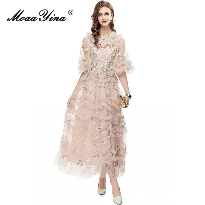 MoaaYina Summer Fashion Designer Elegant Mesh Party Dress Women O-neck Half Sleeve Ruffles Embroidery High Waist Slim Long Dress