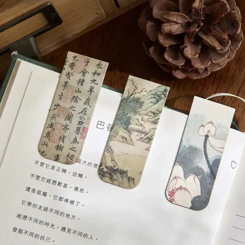 4pcs/set Chinese Retro Bookmark Bamboo Lotus Crane Landscape Bookmark for Teacher Gift Vintage Asethetic Magnetic Bookmark