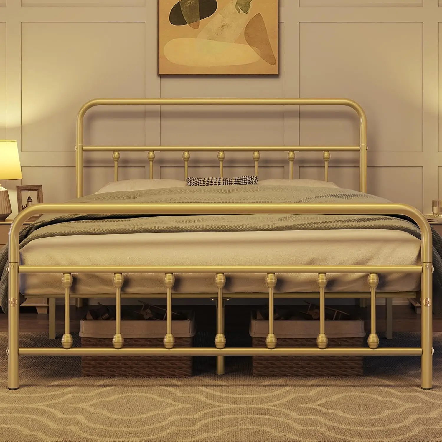 Klassiek Metalen Platform Bed Frame Matrasbasis, Gesmeed Ijzeren Hoofdeinde/Voetensteun/Onderbed Opbergruimte/Geen Veren Nodig