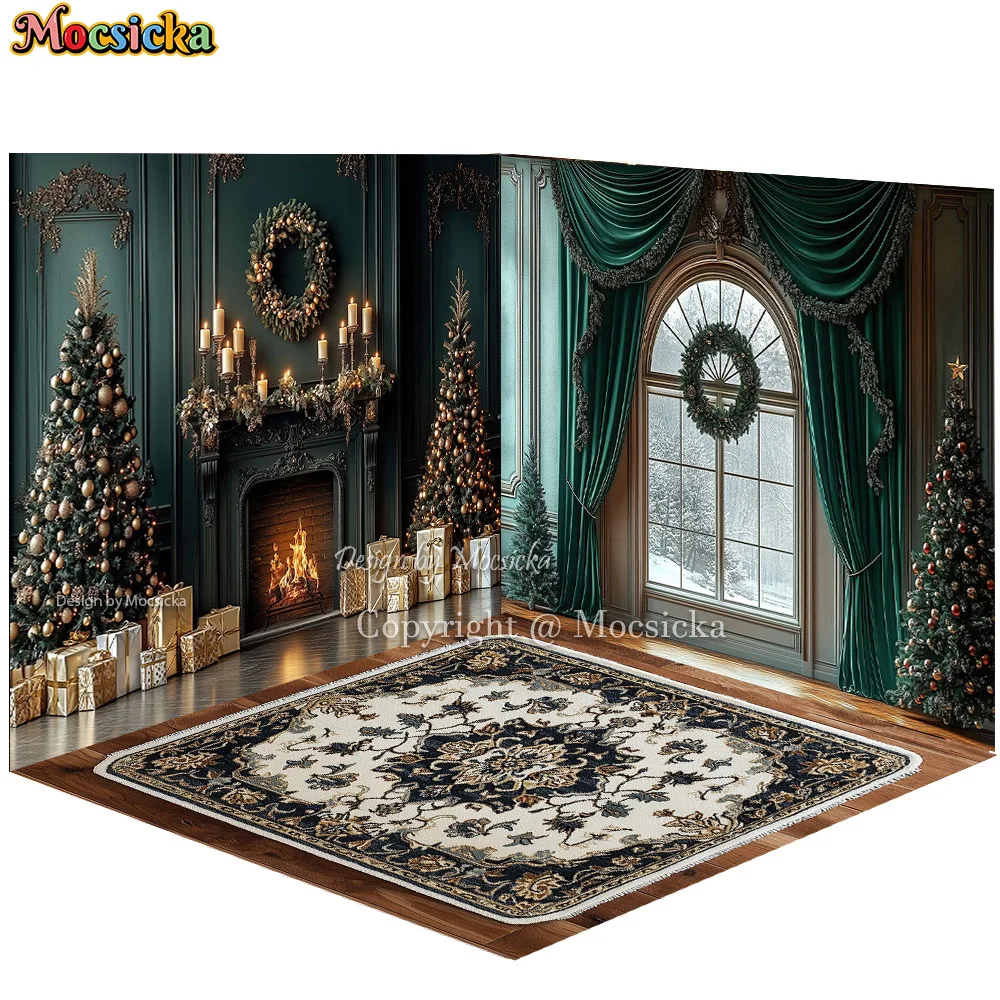 Mocsicka 3D noël cheminée chambre fond photographie arbre de noël fenêtre vert rideaux tapis toile de fond hiver famille Photo