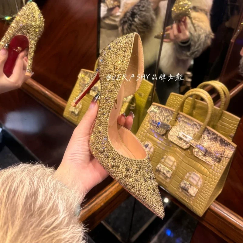 New Side Space Full Diamond Gold Fine Heel Pointed Fashion High Heels Women's Water Diamond Wedding Shoes Bridal Shoes