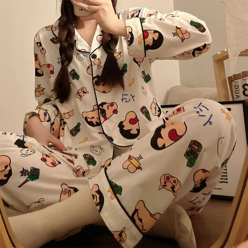 Kawaii Crayon Shin-Chan Pajamas Girls Long Sleeved Pants Sleepwear Japanese Women's Home Clothing Couple Leisure Loose Homewear